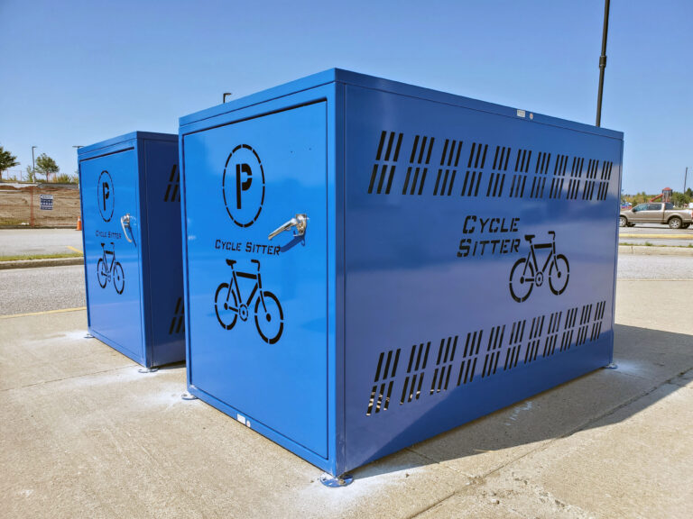 Bike lockers installed behind the transit terminal